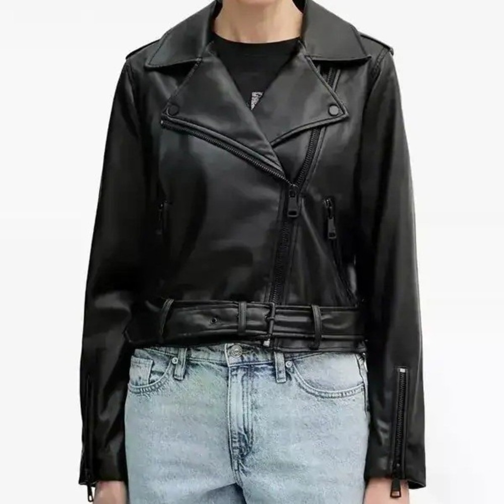 DKNY‎ Jeans Faux Leather Black Moto Zip Buckle Collared Jacket Womens Size PM